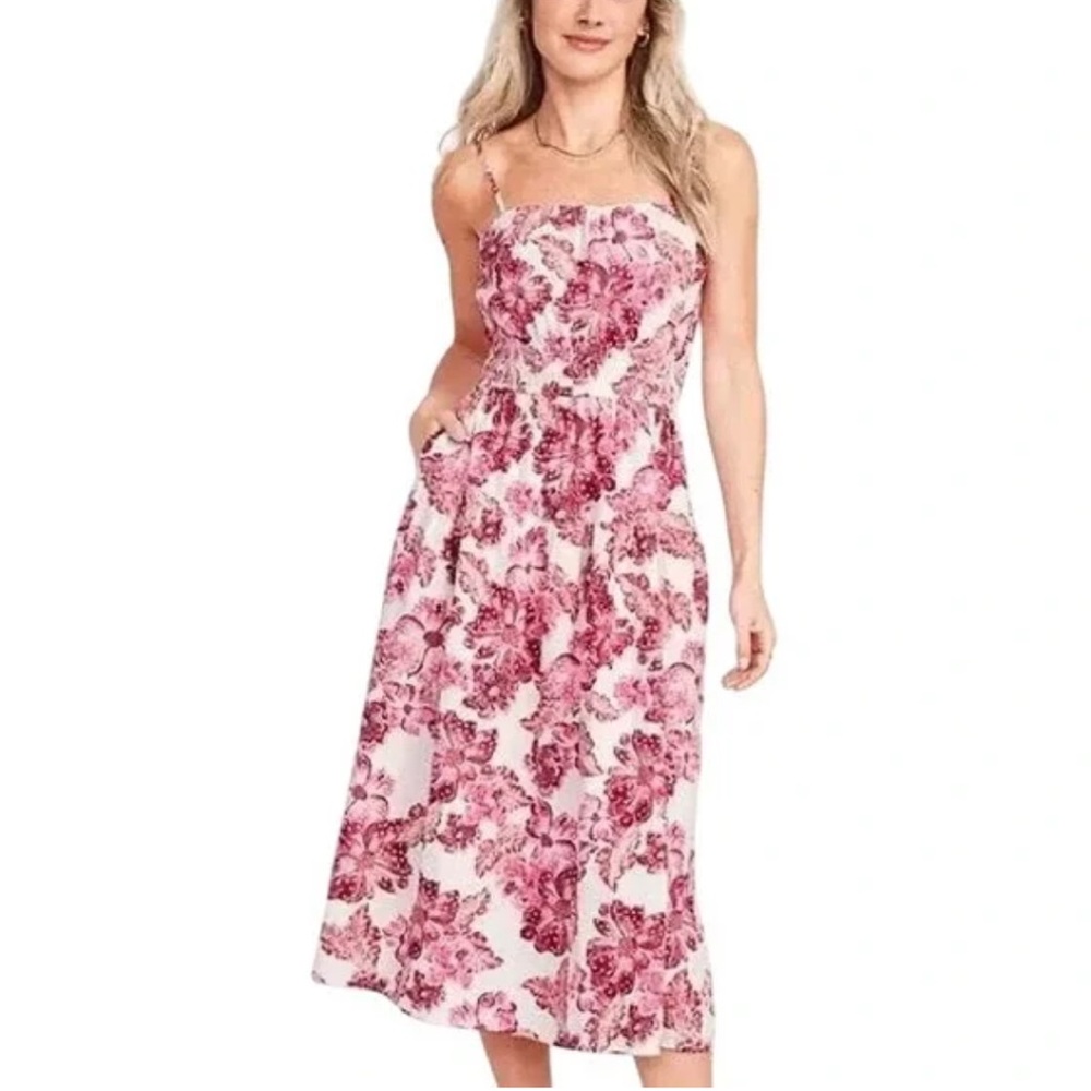 Old Navy Linen Blend Pink White Floral Defined Waist Midi Sleeveless Dress M